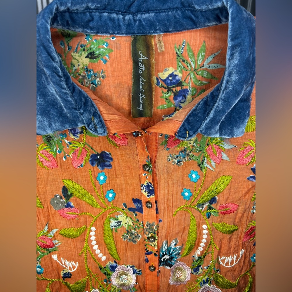 Women’s Aratta Silent Journey Orange Floral Long Sleeve Rayon Nylon Blouse Small - Picture 3 of 4